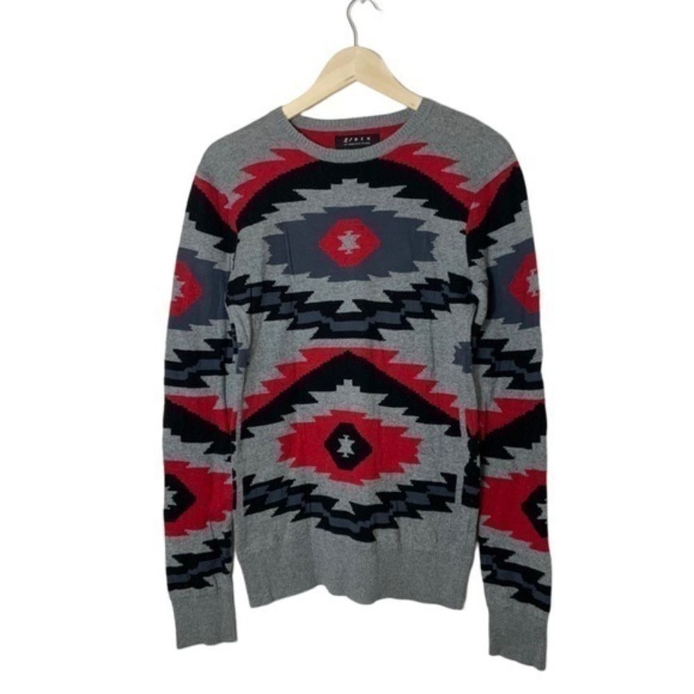 Vintage sweater Southwestern crewneck gray red tight‎ knit Small